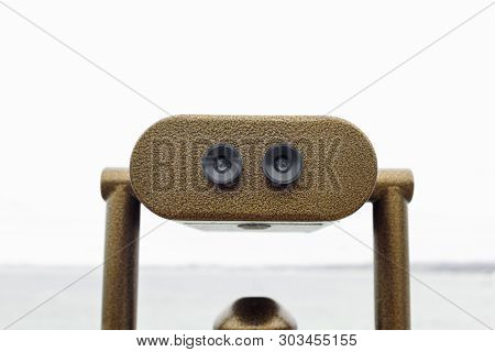 Public Binocular Telescope On The Observation Deck Overlooking The Sea. Binoscope Closeup, Stationar