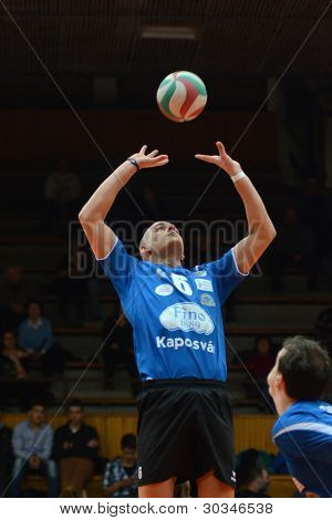 KAPOSVAR, Ungarn - februar 23: Balint Magyar (6) i aktion på en ungarsk volleyball nationale Cham