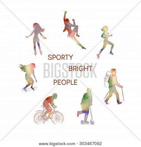 Vector Set Of A Bright People Silhouettes. Roller-skating, Climbing, Running, Skating, A Bike, A Kic