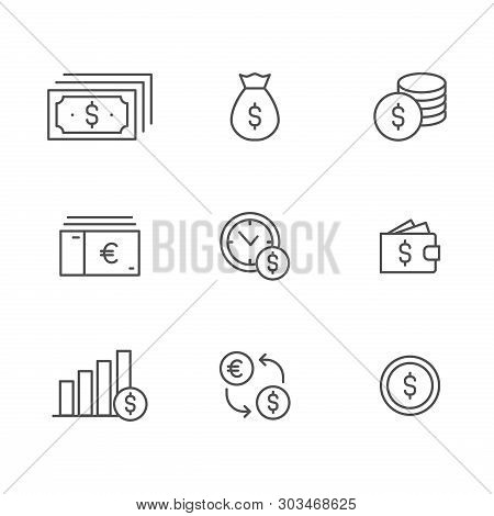 Money Vector Icon Set, Coin Bill Dollar Euro Line Outline Sign Collection, Linear Thin Flat Design F