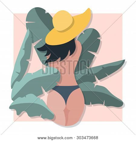 Beautiful Sexy Girl In Summer Exotic Tropic Leaves On Colorful Bacground. Bright Tropical Design Sum