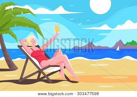 Flat Young Woman With Mobile Phone Makes Selfie On Rest. Concept Blonde Girl Near Sea, Mountain On B