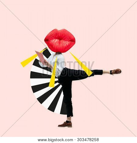 Dancing Office Woman In Classic Suit Like A Ballet Dancer Headed By The Big Red Female Lips Against 