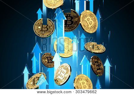Blue Arrows Shots Up With High Velocity As Bitcoin (btc) Price Rises. Cryptocurrency Prices Grow, Hi