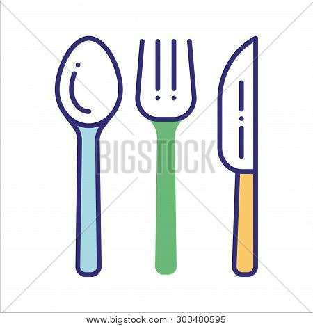 Bamboo Cutlery Line Color Icon. Recycle Elements: Fork, Knife, Spoon.
