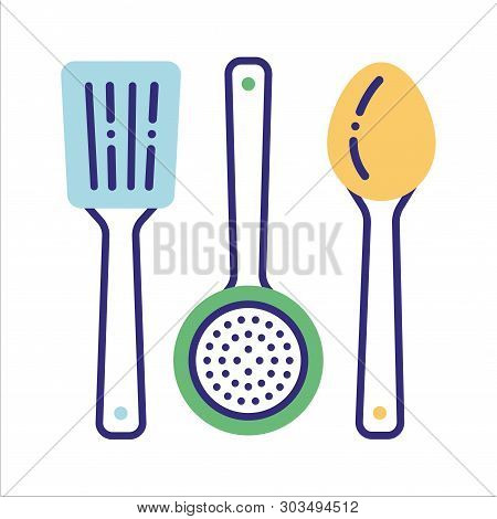 Wood Kitchen Tools Line Color Icon. Recycle Elements: Scapula, Spoon, Skimmer.