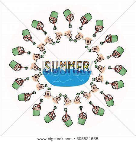 Cute Summer Beach Day Template Badge  Cartoon Vector Illustration Motif Set. Hand Drawn Isolated San
