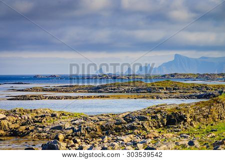 Seascape On Andoya Island. Scenic Rocky Coastline Near Nordmela Village, Vesteralen Archipelago, Nor