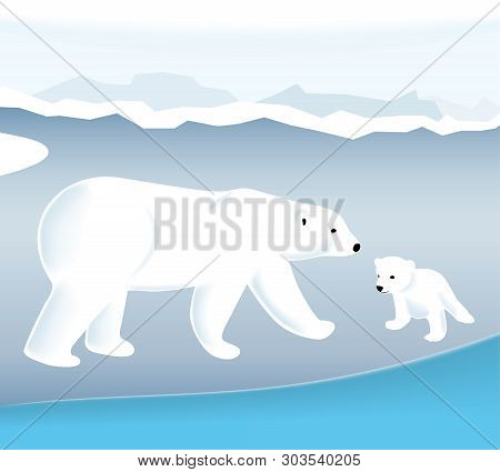 Polar Bear And Its Cub On Ice In Front Of Sea.