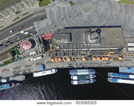 Embankment and river-boats early morning at spring. Downtown (drone image). May 28, 2019. Kiev,Ukraine
