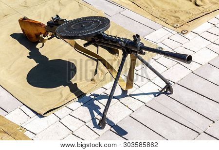 Samara, Russia - May 25, 2019: Real Soviet Degtyarev Light Machine Gun (model 1940). Machine Gun Of 