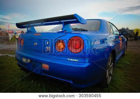 Moscow, Russia - May 25, 2019: The Blue Color Nissan Skyline Gtr R34 Stands On The Grass