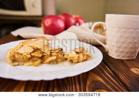 A Finished Plate And Spoon, After Eating Apple Pie A La Mode. Part Of A Series Of Images Showing The