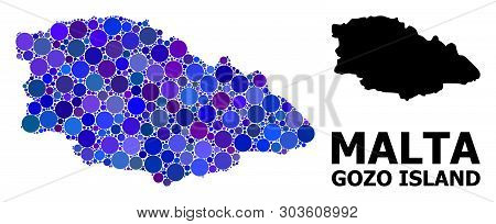 Blue Circle Mosaic And Solid Map Of Gozo Island. Vector Geographic Map Of Gozo Island In Blue Color 