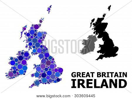 Blue Round Spot Mosaic And Solid Map Of Great Britain And Ireland. Vector Geographic Map Of Great Br