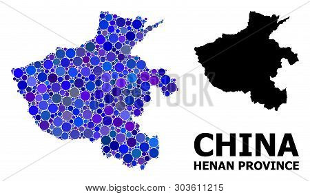 Blue Round Spot Mosaic And Solid Map Of Henan Province. Vector Geographic Map Of Henan Province In B