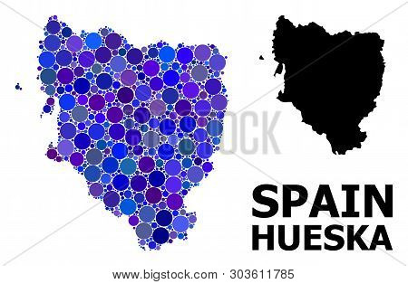 Blue Circle Mosaic And Solid Map Of Hueska Province. Vector Geographic Map Of Hueska Province In Blu