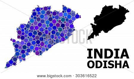 Blue Circle Mosaic And Solid Map Of Odisha State. Vector Geographic Map Of Odisha State In Blue Colo