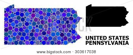 Blue Circle Dot Mosaic And Solid Map Of Pennsylvania State. Vector Geographic Map Of Pennsylvania St