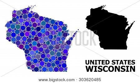 Blue Round Spot Mosaic And Solid Map Of Wisconsin State. Vector Geographic Map Of Wisconsin State In