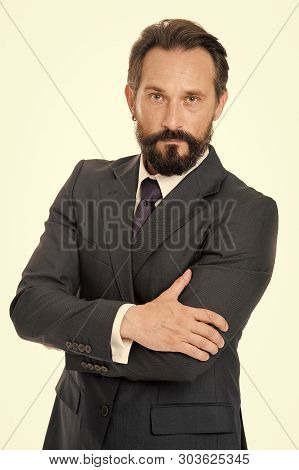 Confident In His Perfection. Businessman Manager Classic Formal Clothing Hold Hands Crossed. Busines