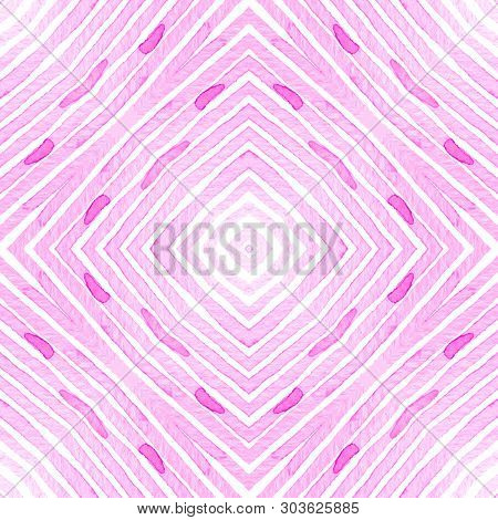 Pink Red Geometric Watercolor. Delightful Seamless Pattern. Hand Drawn Stripes. Brush Texture. Likab