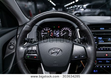 Novosibirsk, Russia - May 28, 2019: Hyandai Creta, Close-up Of The Dashboard, Speedometer, Tachomete