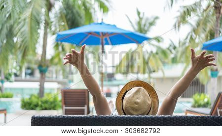 Summer Resort Hotel Stay Relaxation Of Business Woman Take It Easy Happily Resting On Beach Chair On