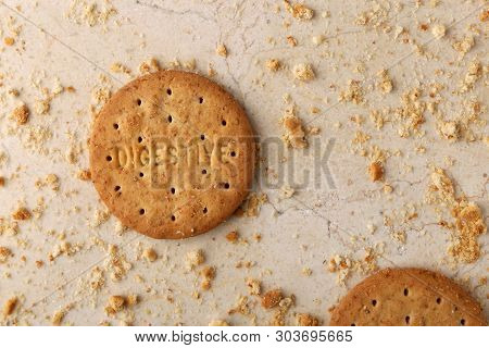 Stack Of Sweetmeal Digestive Biscuits Closeup Of A Pile Of Biscuits On A Texture Background