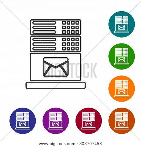 Grey Mail Server Line Icon Isolated On White Background. Set Icon In Color Circle Buttons. Vector Il
