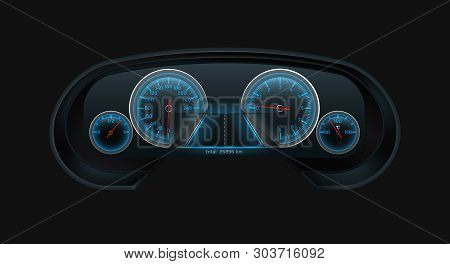 Car Digital Dashboard Screen With Glowing Blue Speedometer, Tachometer, Fuel Level, Engine Temperatu
