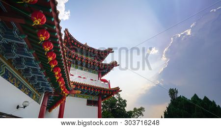 Beautiful Chinese Temple Roof Detail With Colorful Architectural Work And Lanterns Hanging At Thean 