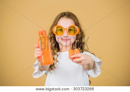 Happy Girl Drink Fresh Carrot Juice. Summer Vacation. Little Girl In Fashion Glasses. Vitamin Nutrit