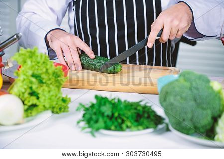 At Work. Chef Man In Apron. Secret Taste Recipe. Vegetarian. Bearded Man Cook In Kitchen, Culinary. 
