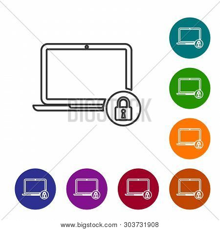 Grey Laptop And Lock Line Icon On White Background. Computer And Padlock. Security, Safety, Protecti