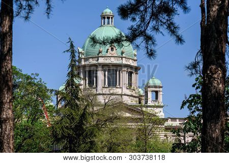 Belgrade, Serbia - April 19, 2018. House Of National Assembly In Belgrade Cooper Cupola And Roof. Po