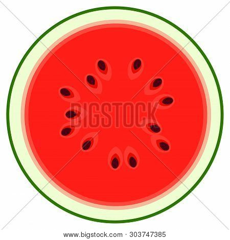 Cut In Half Red Ripe Watermelon With Bones, Top View. Tasty Summer Fruit, Web Button Template. Vitam