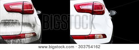 Car Wash Service Before And After Washing. Before And After Cleaning Maintenance. Half Divided Pictu