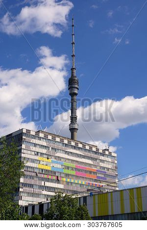 Moscow, Russia- May 19, 2019. Ostankino Tower And Telecentre Building. Academician Korolev Street, 1