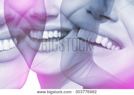 Double exposure of laughing people with great teeth and female face closeup. Healthy beautiful female smiles. Teeth health, whitening, prosthetics and care