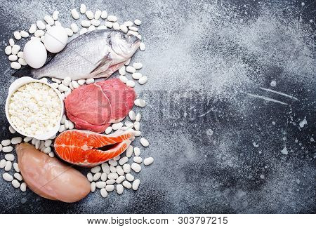Different Types Of Natural Healthy Foods Contain Protein: Fish, Meat, Chicken, Eggs, Dairy Products,