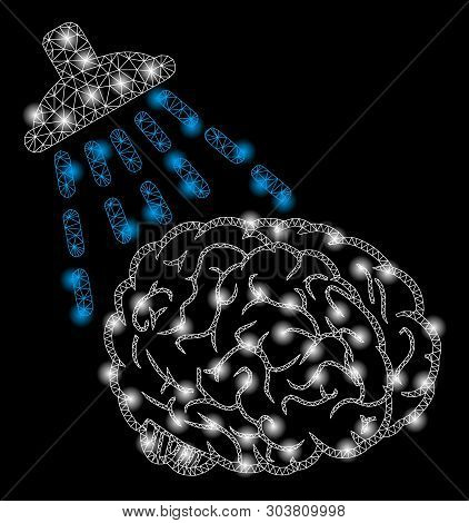 Bright Mesh Brain Washing With Glare Effect. Abstract Illuminated Model Of Brain Washing Icon. Shiny