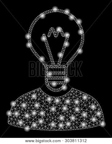 Bright Mesh Bulb Inventor With Glare Effect. Abstract Illuminated Model Of Bulb Inventor Icon. Shiny