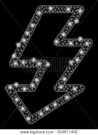 Bright Mesh Camera Flash With Lightspot Effect. Abstract Illuminated Model Of Camera Flash Icon. Shi
