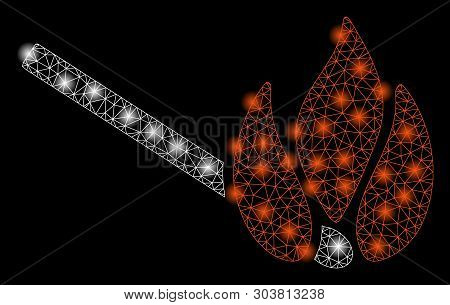 Bright Mesh Burn Match With Glow Effect. Abstract Illuminated Model Of Burn Match Icon. Shiny Wire C
