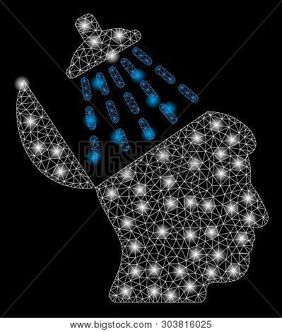 Bright Mesh Brain Washing With Glare Effect. Abstract Illuminated Model Of Brain Washing Icon. Shiny