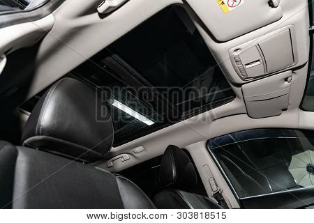 Novosibirsk, Russia - May 28, 2019:  Nissan X-trail, Close-up Of The Black Leather Rear Seats And Ha