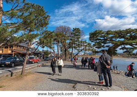 Aera Of Togetsu-kyo Bridge At Arashiyama District. Many Local Traditional Souvenir Shops And Crowded