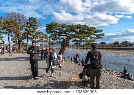 Aera Of Togetsu-kyo Bridge At Arashiyama District. Many Local Traditional Souvenir Shops And Crowded