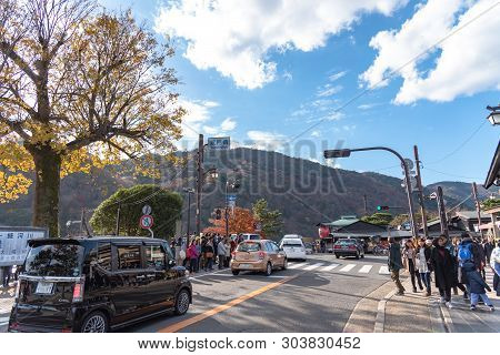 Aera Of Togetsu-kyo Bridge At Arashiyama District. Many Local Traditional Souvenir Shops And Crowded